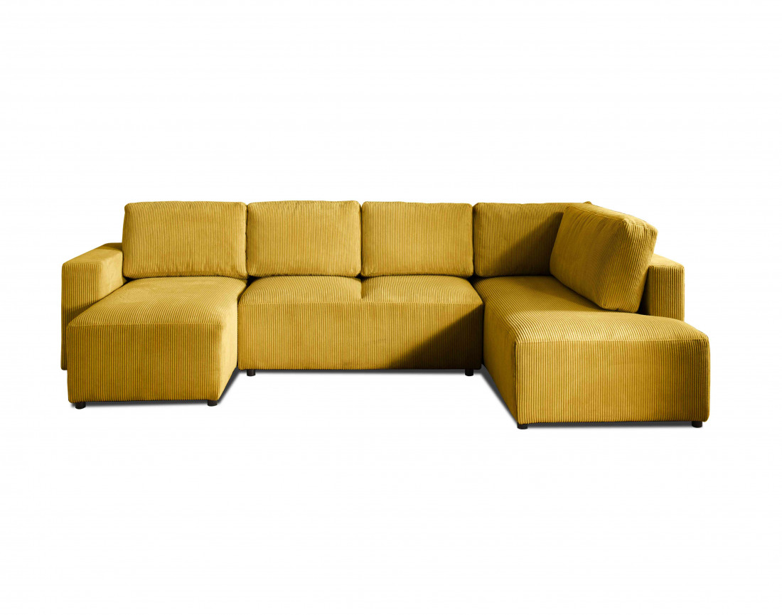 Canapé d'angle panoramique droit convertible avec coffre en velours côtelé Livy