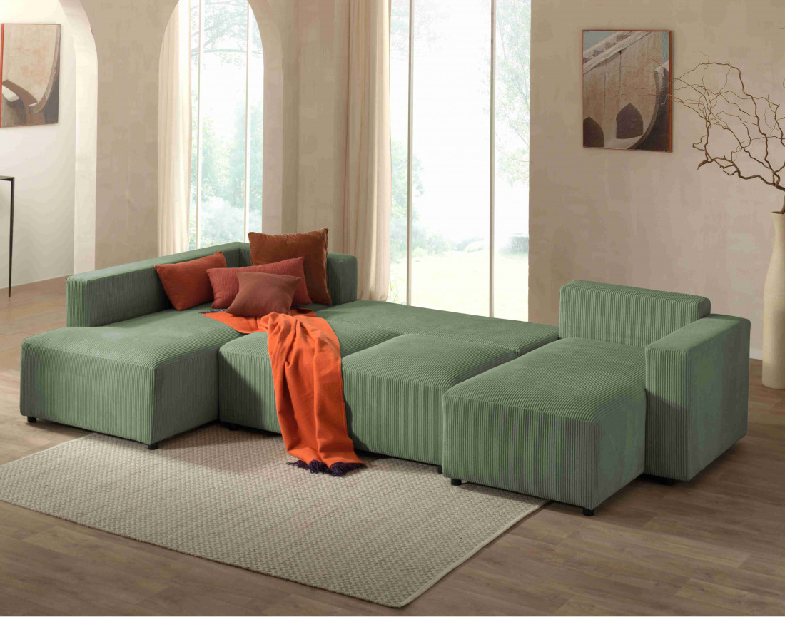 Canapé d'angle panoramique gauche convertible avec coffre en velours côtelé Livy