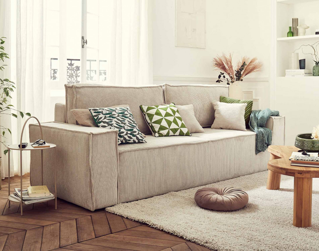 Dellia - canapé 3 places convertible - avec coffre - en velours côtelé - style contemporain