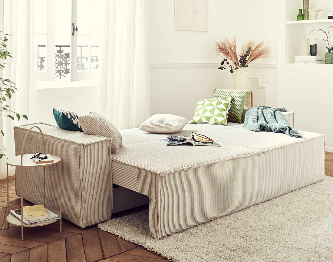 Dellia - canapé 3 places convertible - avec coffre - en velours côtelé - style contemporain