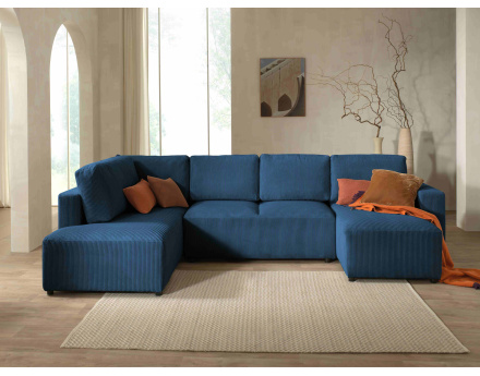 Canapé d'angle panoramique gauche convertible avec coffre en velours côtelé Livy