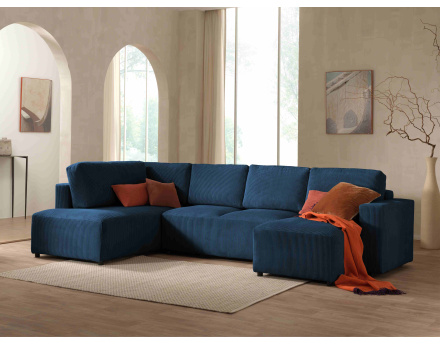 Canapé d'angle panoramique gauche convertible avec coffre en velours côtelé Livy