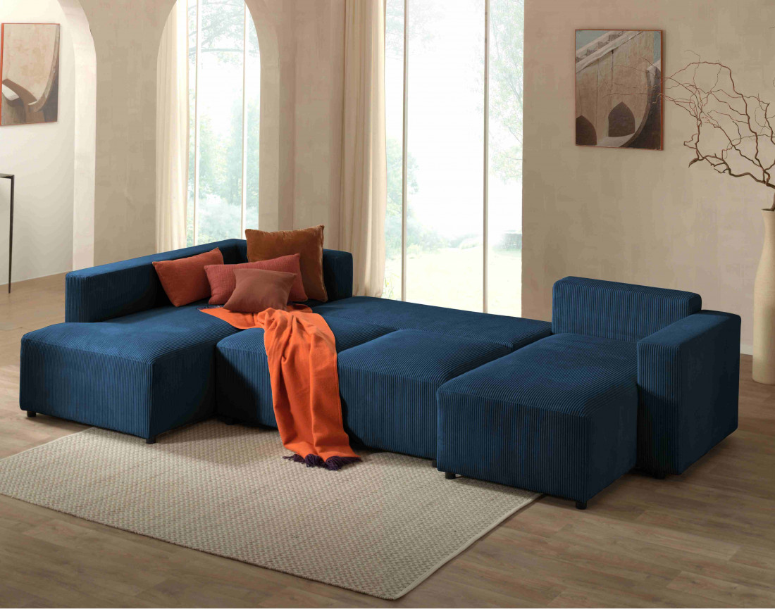 Canapé d'angle panoramique gauche convertible avec coffre en velours côtelé Livy