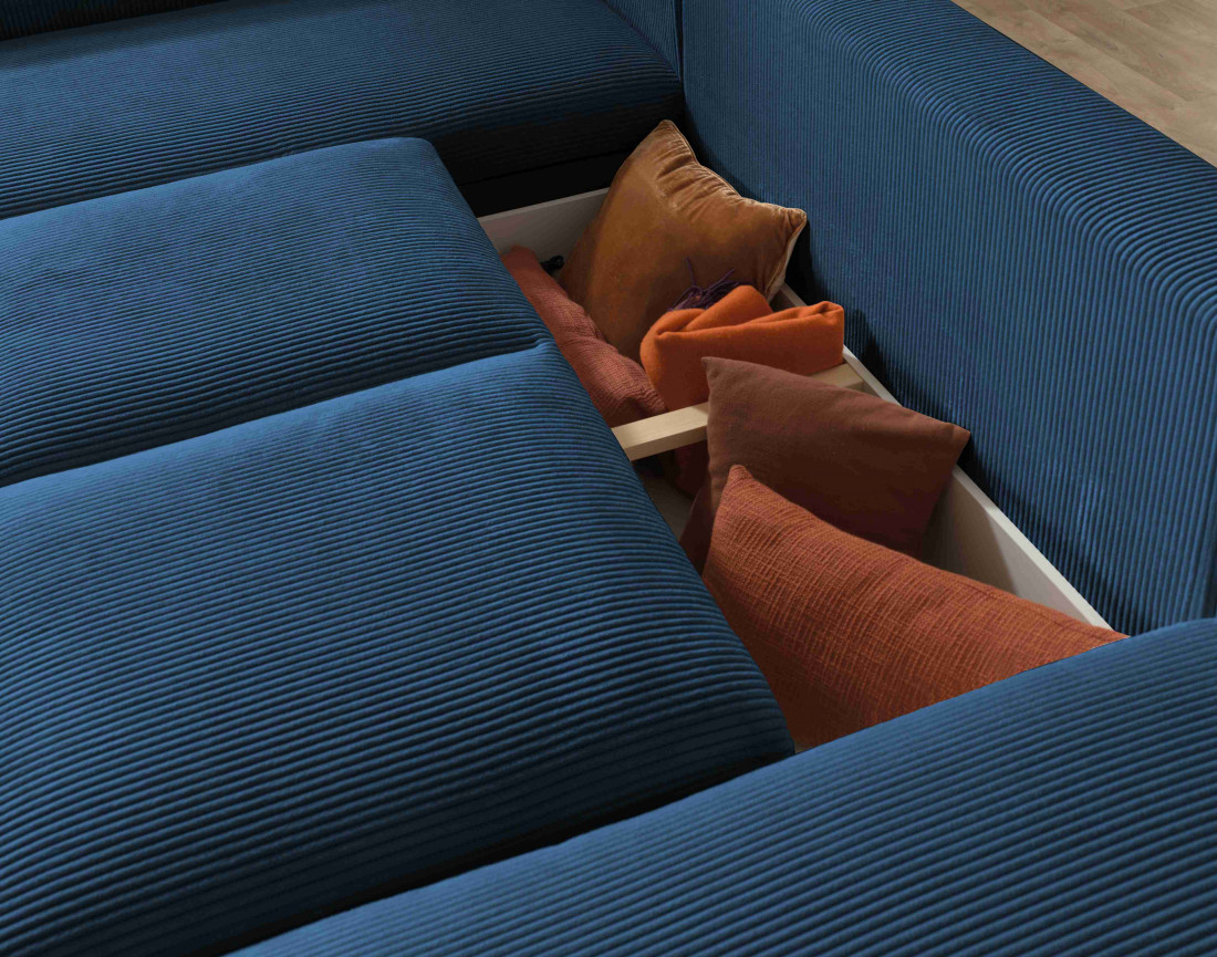 Canapé d'angle panoramique gauche convertible avec coffre en velours côtelé Livy