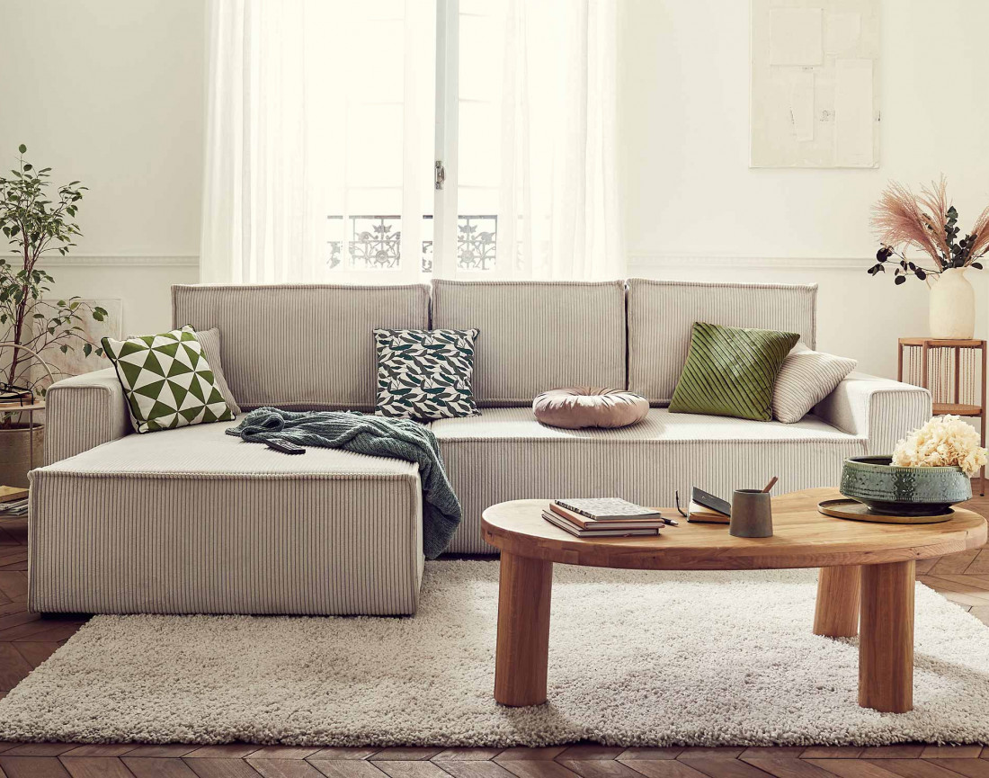 Dellia - canapé d'angle 4 places réversible convertible avec coffre en velours côtelé - style contemporain