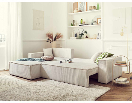 Dellia - canapé d'angle 4 places réversible convertible avec coffre en velours côtelé - style contemporain