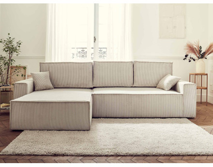 Dellia - canapé d'angle 4 places réversible convertible avec coffre en velours côtelé - style contemporain