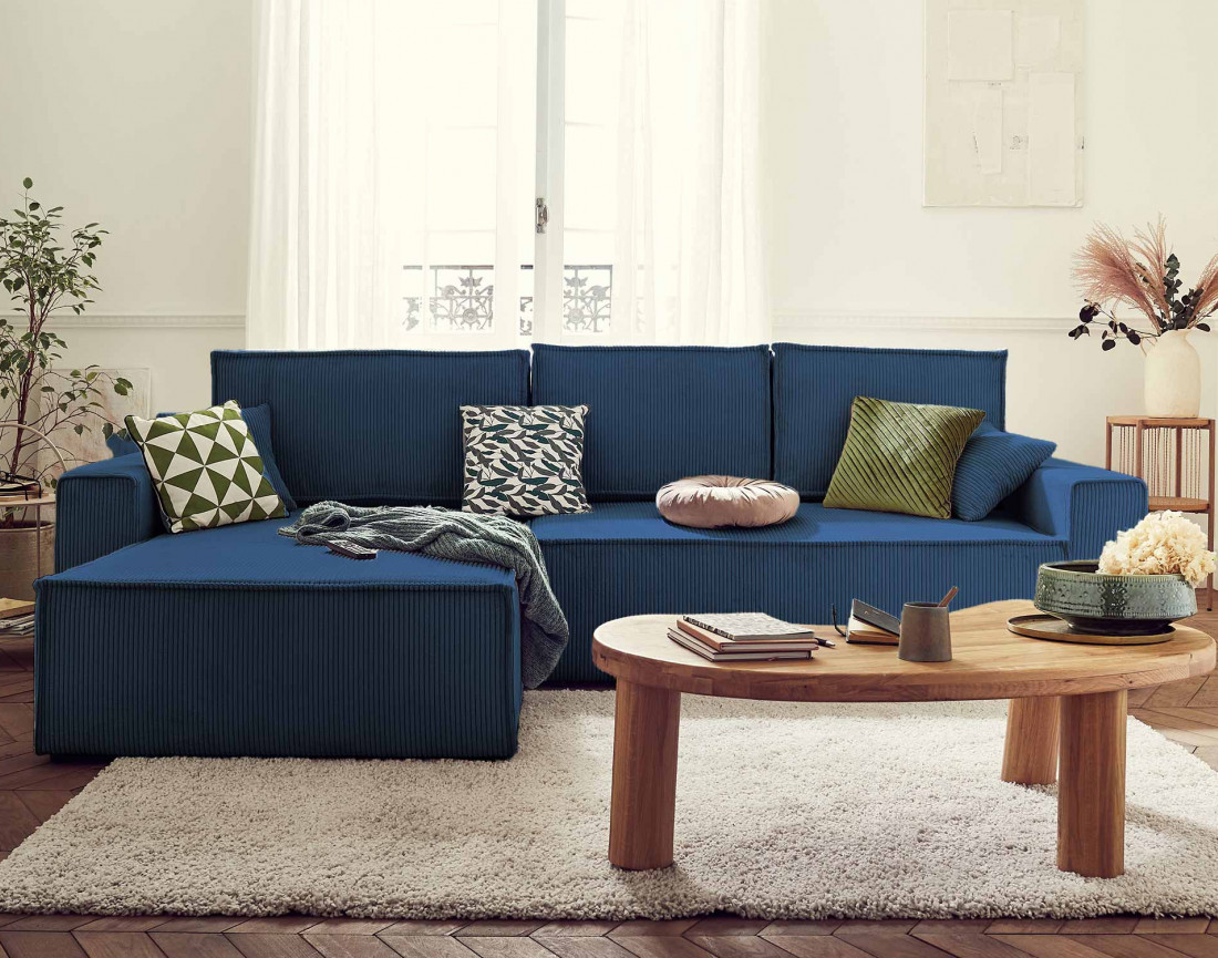 Dellia - canapé d'angle 4 places réversible convertible avec coffre en velours côtelé - style contemporain