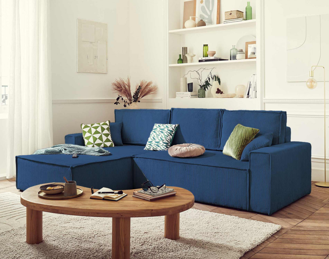 Dellia - canapé d'angle 4 places réversible convertible avec coffre en velours côtelé - style contemporain