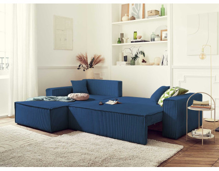 Dellia - canapé d'angle 4 places réversible convertible avec coffre en velours côtelé - style contemporain