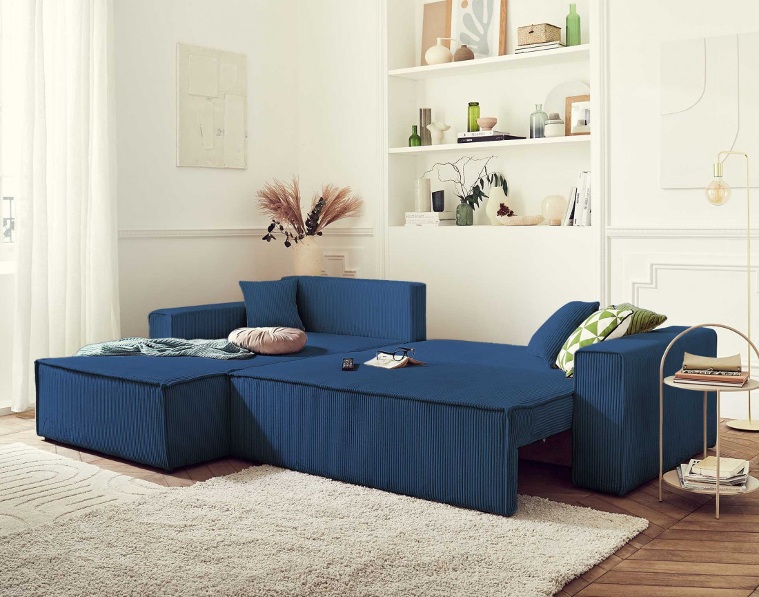 Dellia - canapé d'angle 4 places réversible convertible avec coffre en velours côtelé - style contemporain