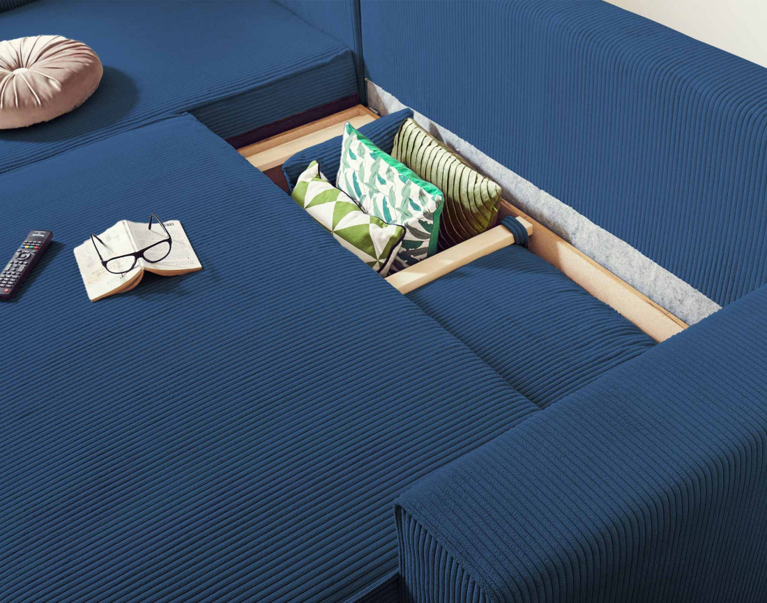 Dellia - canapé d'angle 4 places réversible convertible avec coffre en velours côtelé - style contemporain