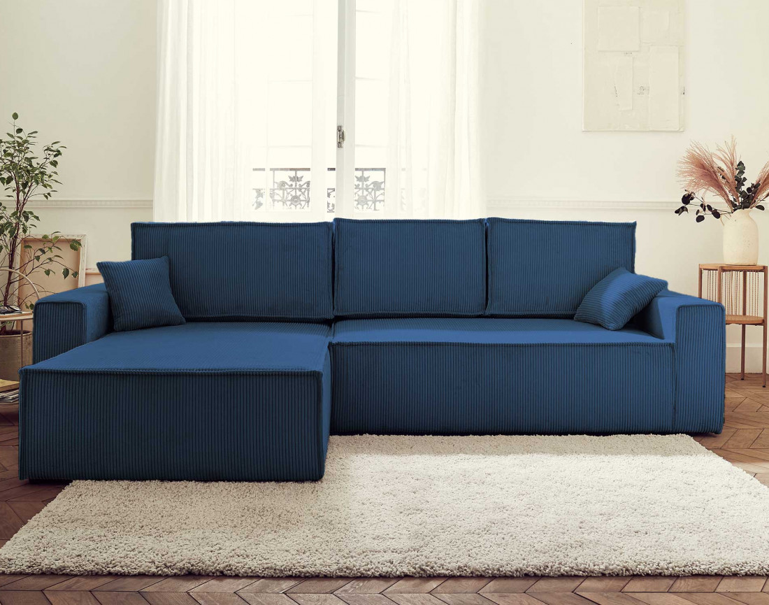 Dellia - canapé d'angle 4 places réversible convertible avec coffre en velours côtelé - style contemporain