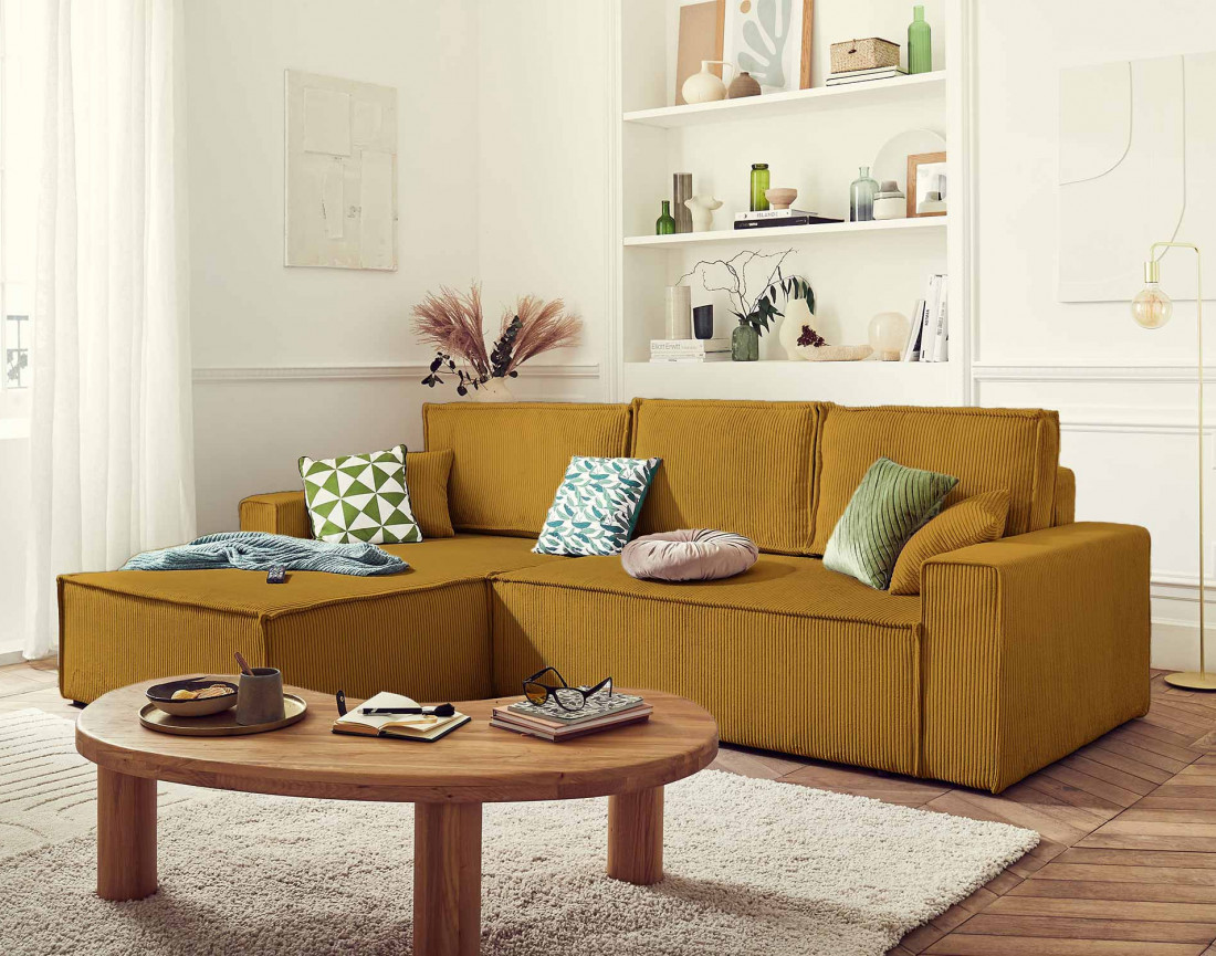 Dellia - canapé d'angle 4 places réversible convertible avec coffre en velours côtelé - style contemporain