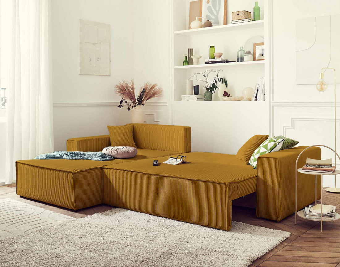Dellia - canapé d'angle 4 places réversible convertible avec coffre en velours côtelé - style contemporain