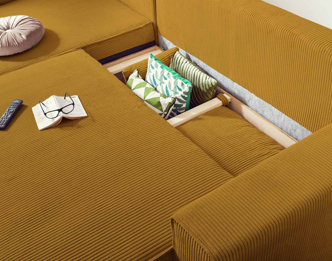 Dellia - canapé d'angle 4 places réversible convertible avec coffre en velours côtelé - style contemporain