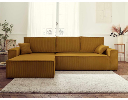 Dellia - canapé d'angle 4 places réversible convertible avec coffre en velours côtelé - style contemporain
