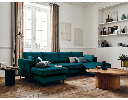 Canapé panoramique en U 7 places convertible avec coffre en velours Anna