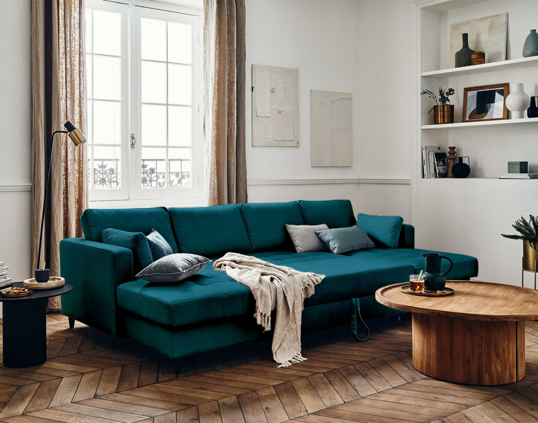 Canapé panoramique en U 7 places convertible avec coffre en velours Anna