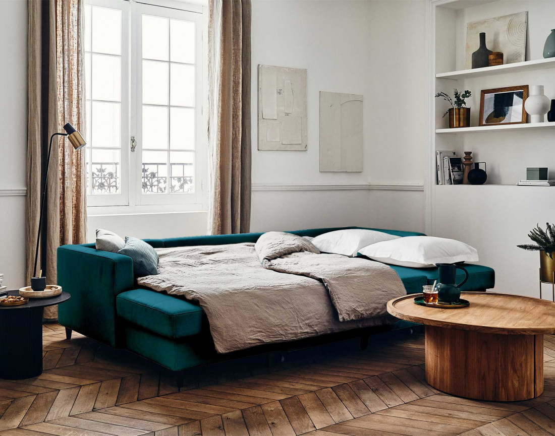 Canapé panoramique en U 7 places convertible avec coffre en velours Anna