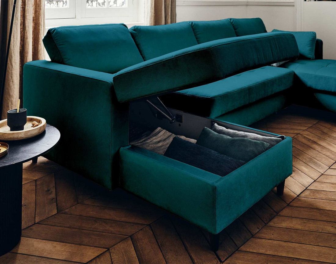 Canapé panoramique en U 7 places convertible avec coffre en velours Anna