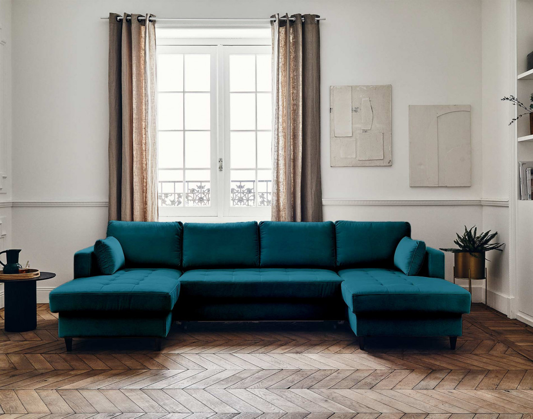 Canapé panoramique en U 7 places convertible avec coffre en velours Anna