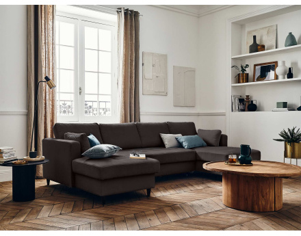 Canapé panoramique en U 7 places convertible avec coffre en velours Anna