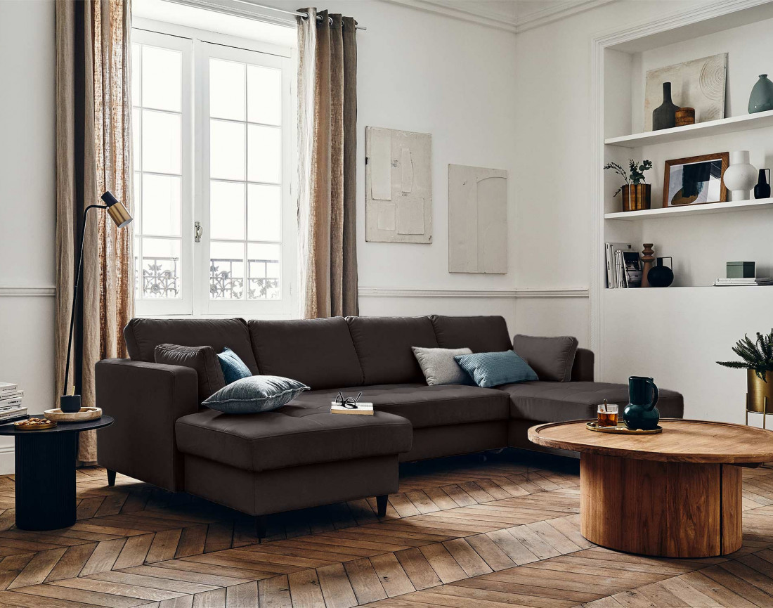 Canapé panoramique en U 7 places convertible avec coffre en velours Anna