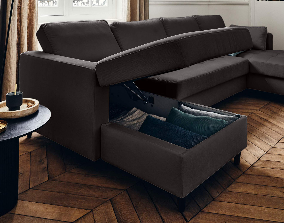Canapé panoramique en U 7 places convertible avec coffre en velours Anna
