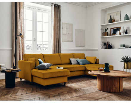 Canapé panoramique en U 7 places convertible avec coffre en velours Anna