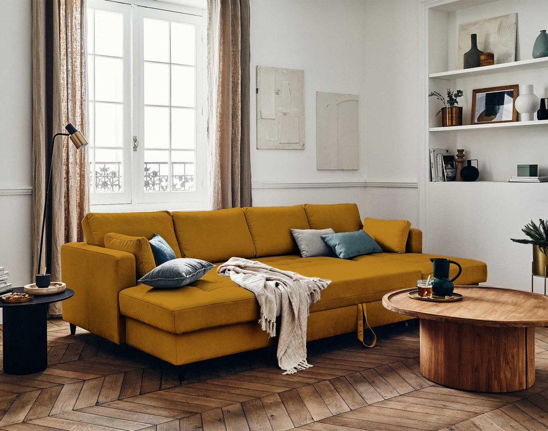 Canapé panoramique en U 7 places convertible avec coffre en velours Anna