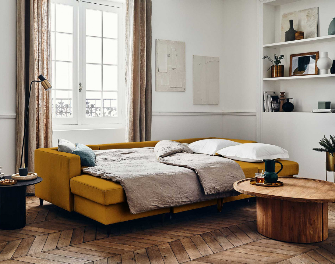 Canapé panoramique en U 7 places convertible avec coffre en velours Anna