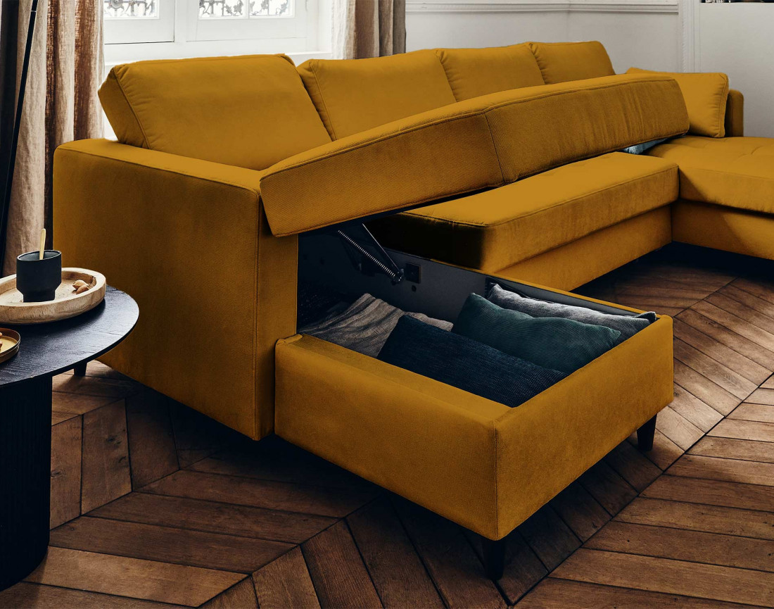 Canapé panoramique en U 7 places convertible avec coffre en velours Anna