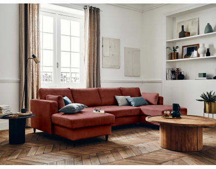 Canapé panoramique en U 7 places convertible avec coffre en velours Anna