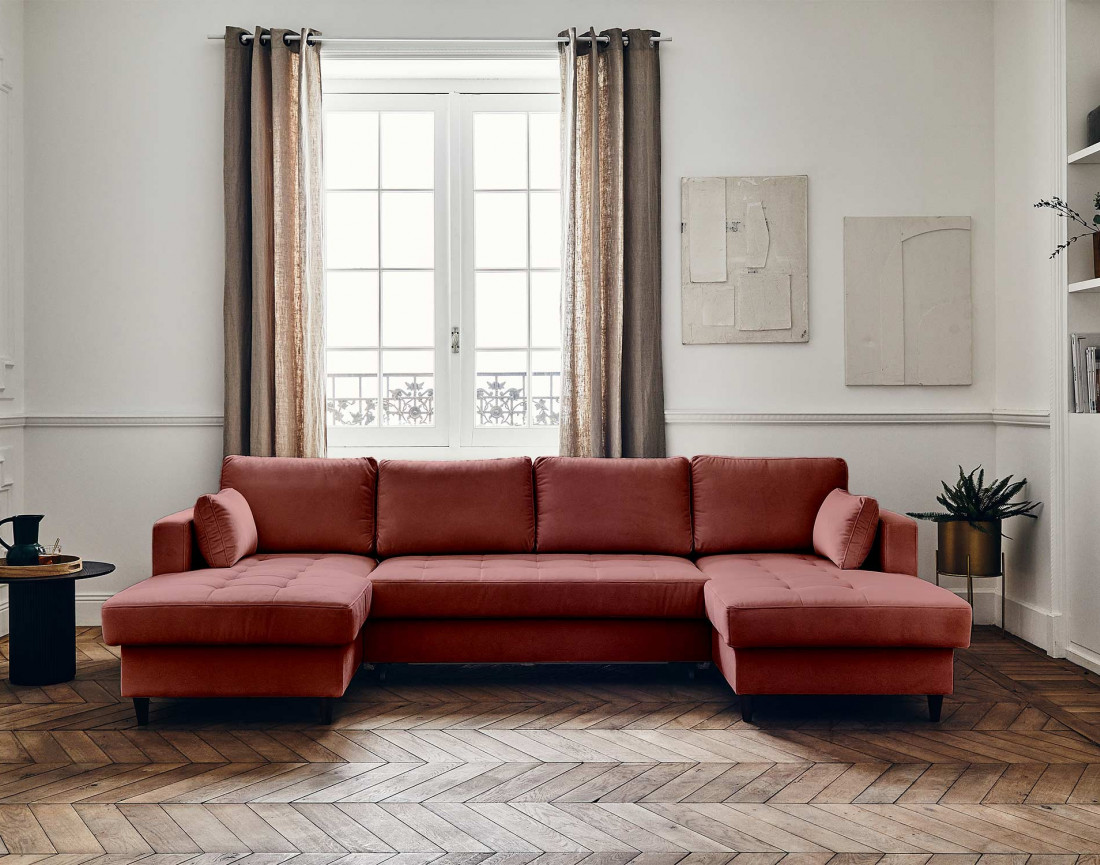 Canapé panoramique en U 7 places convertible avec coffre en velours Anna