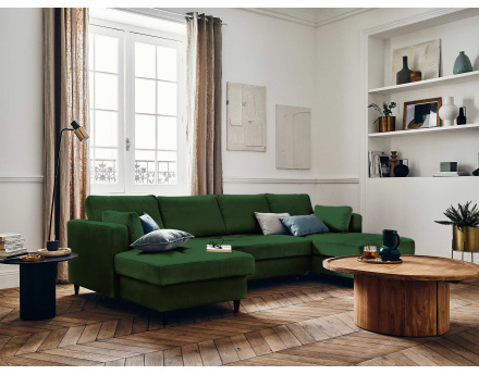 Canapé panoramique en U 7 places convertible avec coffre en velours Anna