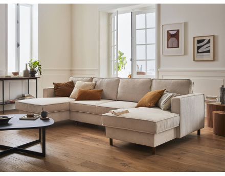 Canapé panoramique en U 7 places convertible avec coffre en velours côtelé Jake