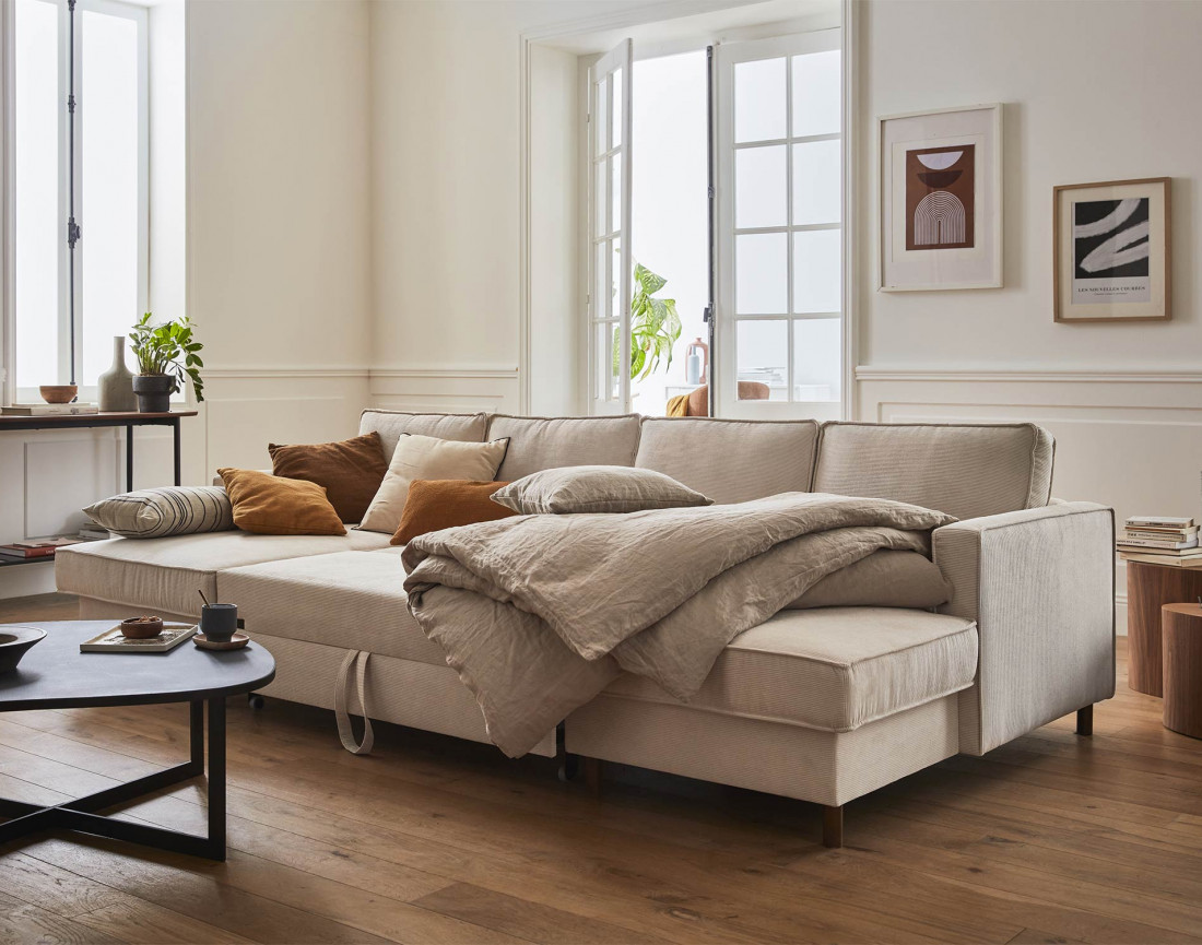 Canapé panoramique en U 7 places convertible avec coffre en velours côtelé Jake