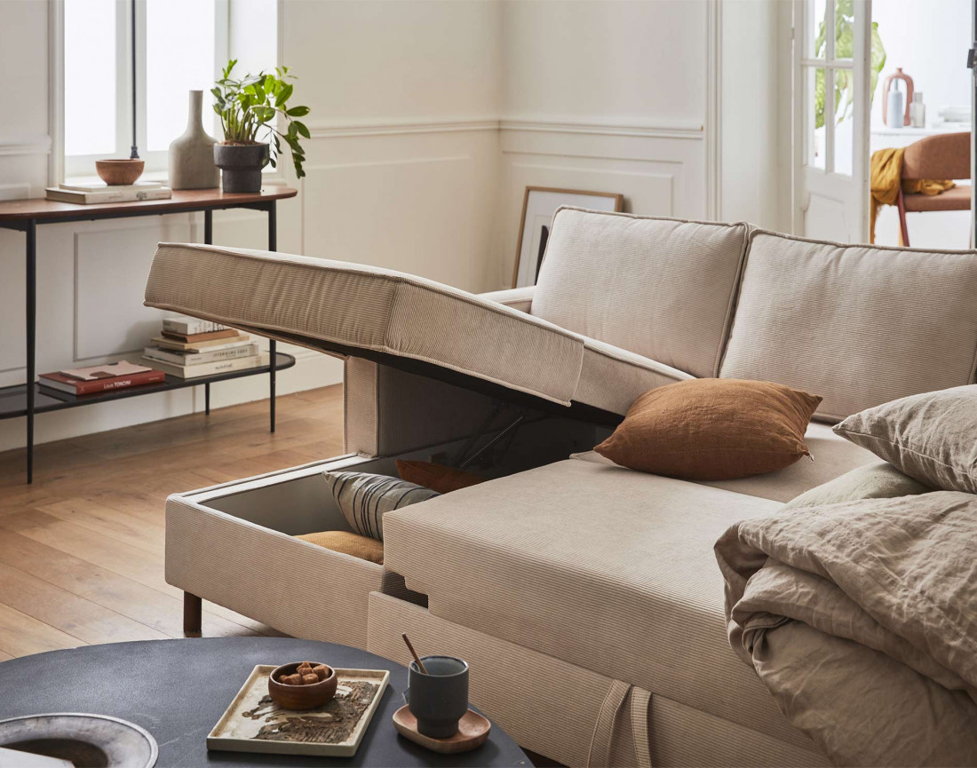 Canapé panoramique en U 7 places convertible avec coffre en velours côtelé Jake