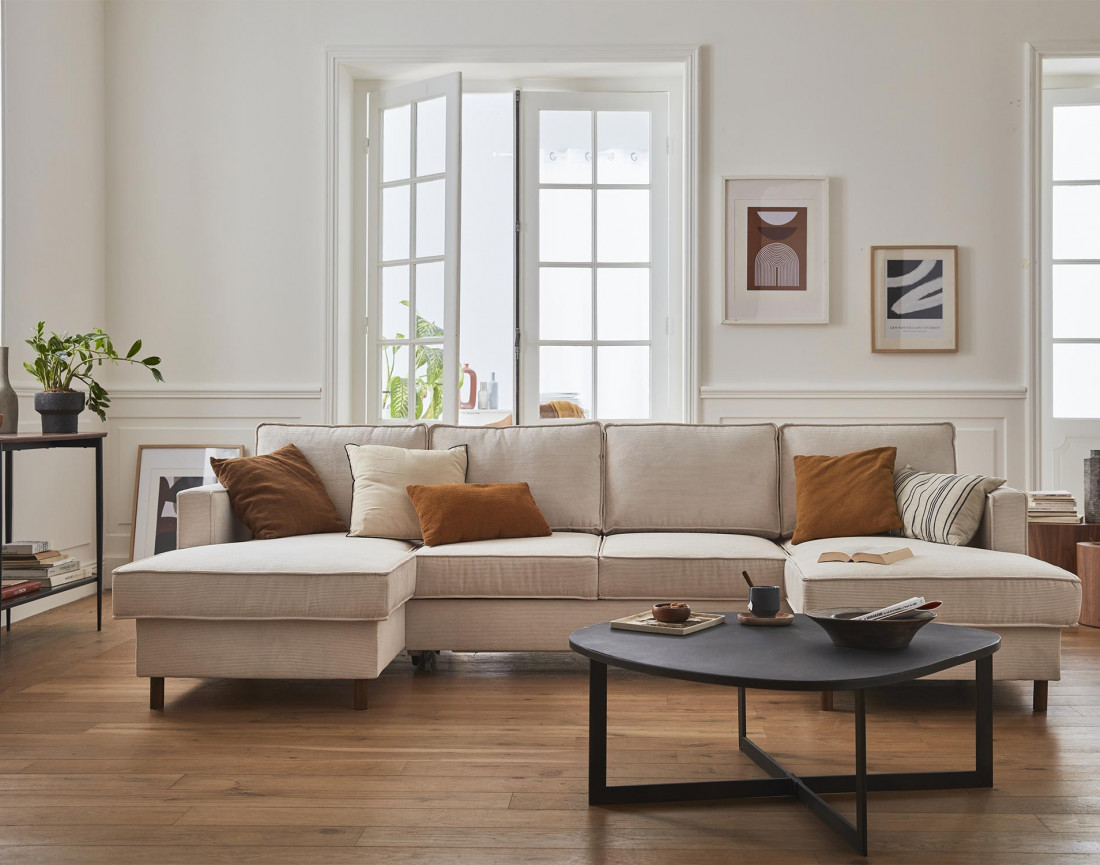 Canapé panoramique en U 7 places convertible avec coffre en velours côtelé Jake