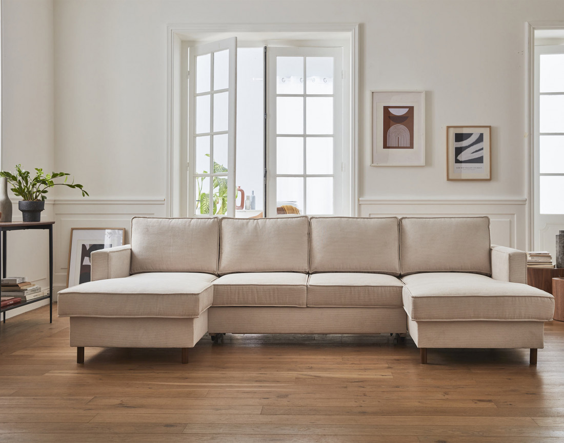 Canapé panoramique en U 7 places convertible avec coffre en velours côtelé Jake