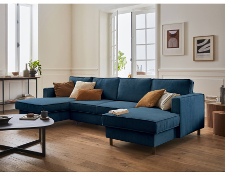 Canapé panoramique en U 7 places convertible avec coffre en velours côtelé Jake