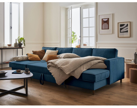 Canapé panoramique en U 7 places convertible avec coffre en velours côtelé Jake