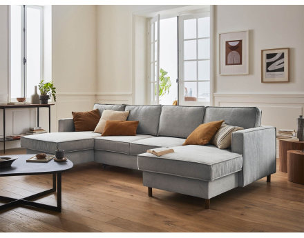 Canapé panoramique en U 7 places convertible avec coffre en velours côtelé Jake