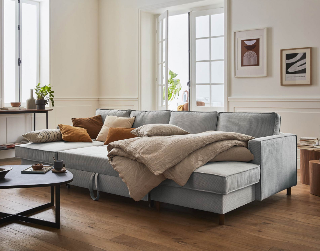 Canapé panoramique en U 7 places convertible avec coffre en velours côtelé Jake