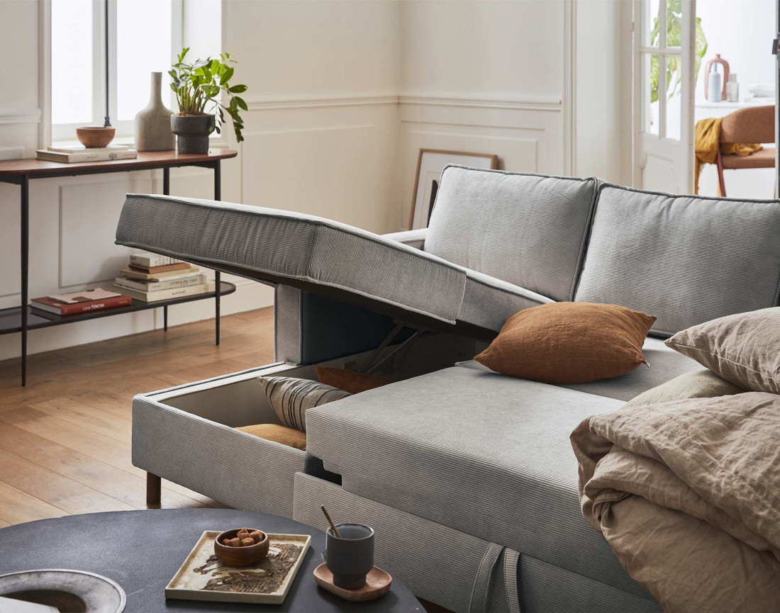 Canapé panoramique en U 7 places convertible avec coffre en velours côtelé Jake