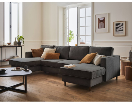 Canapé panoramique en U 7 places convertible avec coffre en velours côtelé Jake