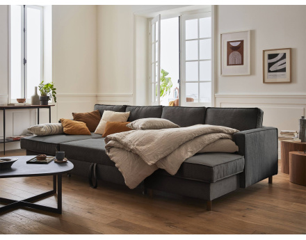 Canapé panoramique en U 7 places convertible avec coffre en velours côtelé Jake