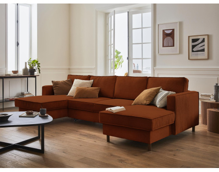 Canapé panoramique en U 7 places convertible avec coffre en velours côtelé Jake