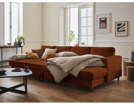 Canapé panoramique en U 7 places convertible avec coffre en velours côtelé Jake